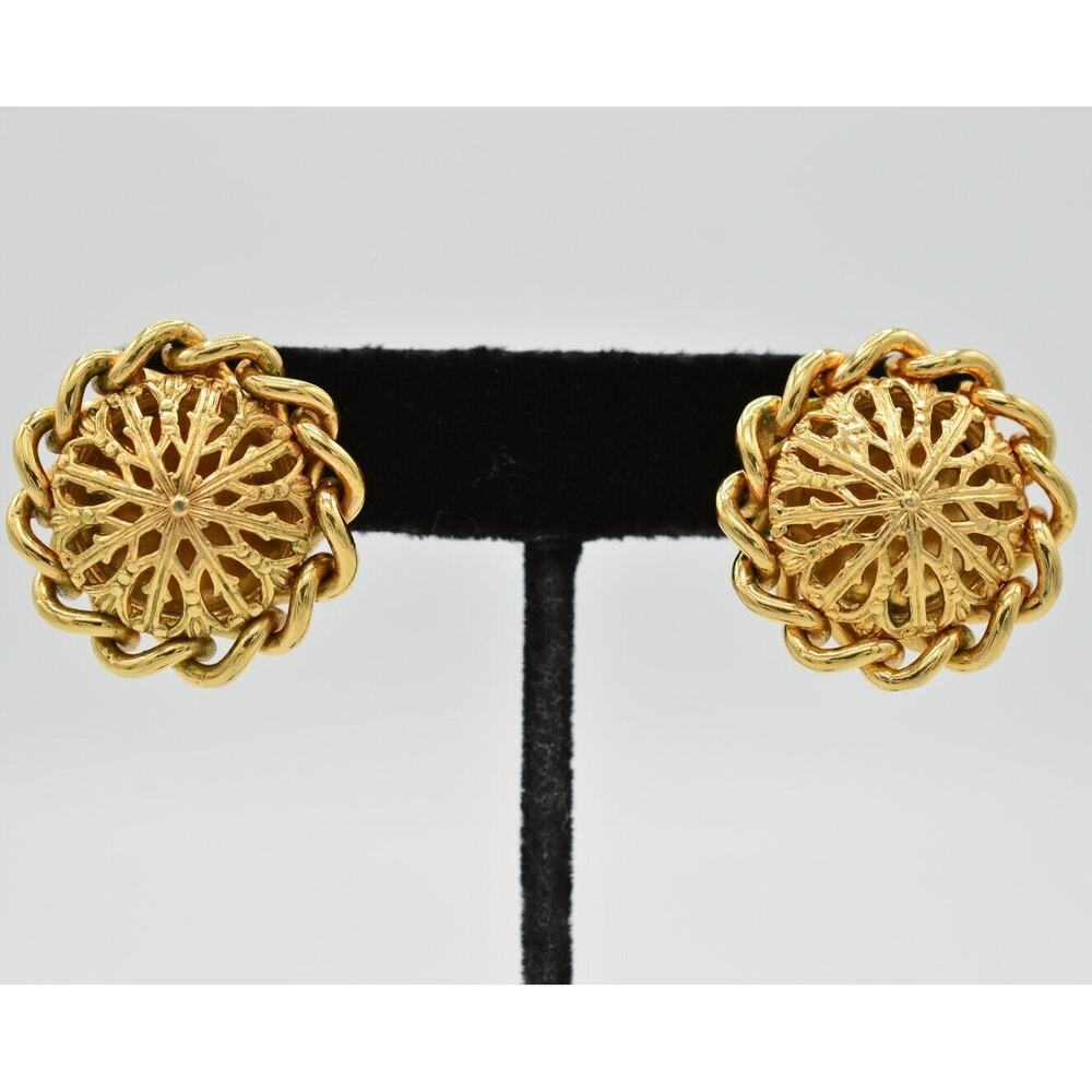 Kramer Vintage Clip On Earrings Gold Puffy Round Chain Chunky Signed 1950s 9I